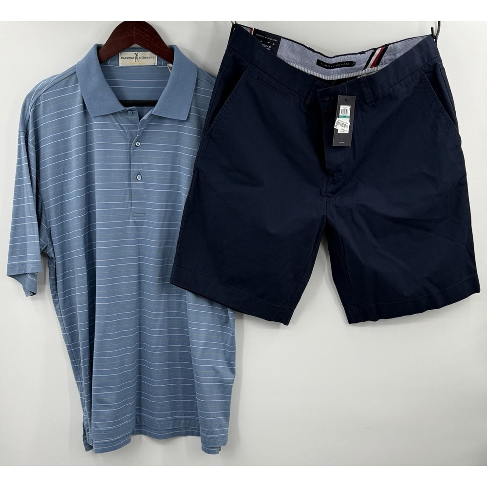 Fairway & Greene Sz L Striped Golf Polo & Tommy Hilfiger NWT Chino‎ Short Sz 35